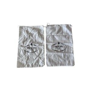 Prada White Cotton Flannel Dust Bags Set of 2 Drawstring Logo Pouches 13.75x8.75